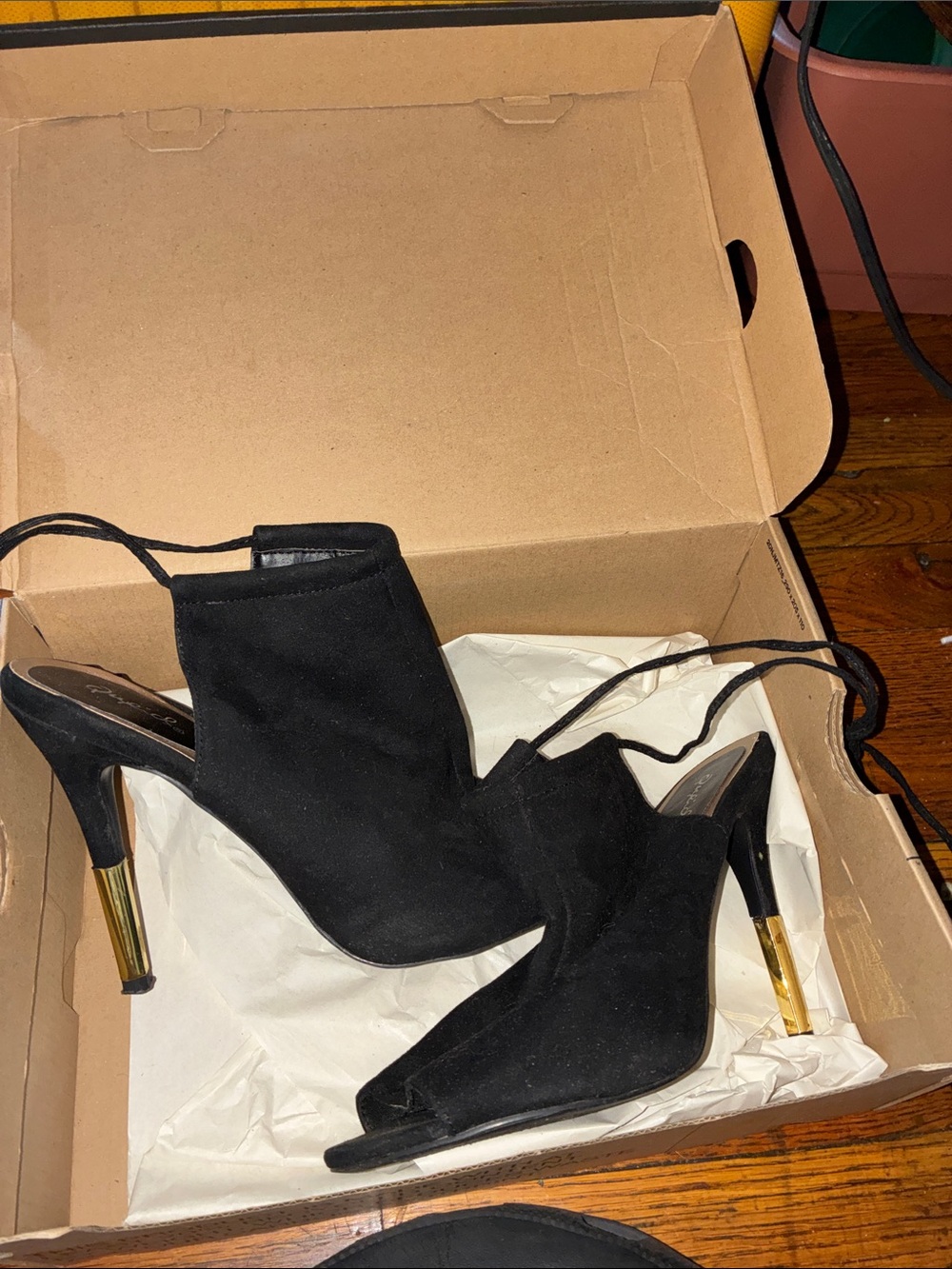 Qupid Black Peep-Toe Stiletto Heels with Gold Accent